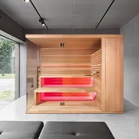 Finnische Innensauna mit Dampf in Minimal Stil Finnische Innensauna mit Dampf in Minimal Stil
