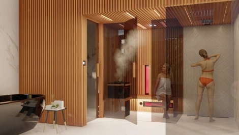 Massivholz Design Wand im Badezimmer