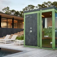 Aussensauna mit Gartendusche, Design Sauna in RAL-Farben, Maßanfertigung Kärnten Aussensauna mit Gartendusche, Design Sauna in RAL-Farben, Maßanfertigung Kärnten