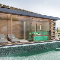 Kombiniertes Luxus Panorama Saunahaus Como mit Ruheraum, mit Dusche