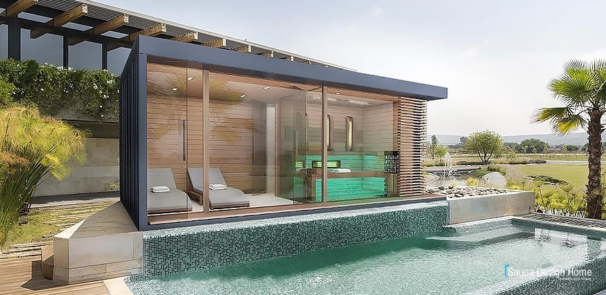 Kombiniertes Luxus Panorama Saunahaus Como mit Ruheraum, mit Dusche